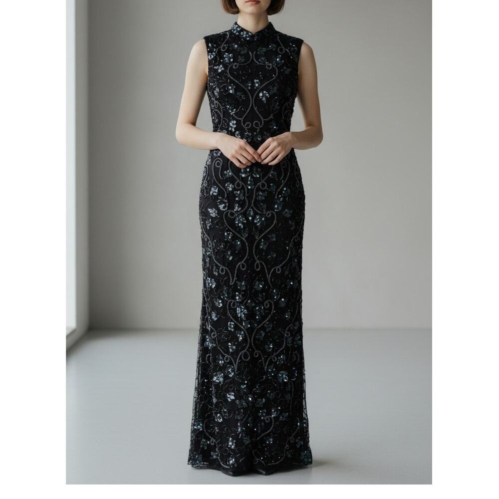 Vintage 90s Silk Beaded Sequin Gown Black Iridescent Formal Maxi Dress